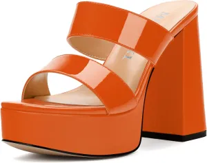 Women's Two Straps High Chunky Heels Sandals Slip on Open Square Toe Block Platform Heels Sandals for Women Holiday Party Wedding Dress Sandals Shoes