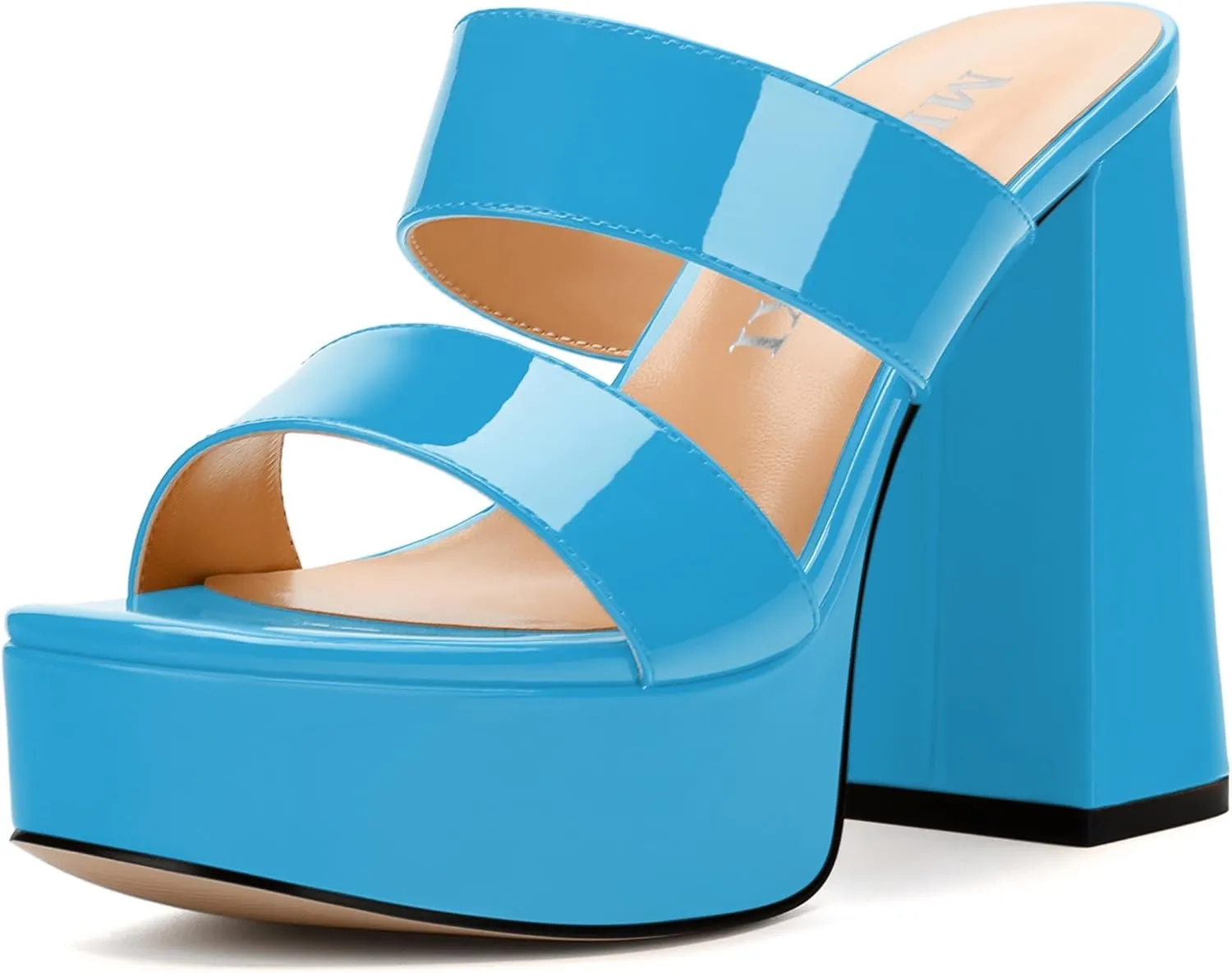 Women's Two Straps High Chunky Heels Sandals Slip on Open Square Toe Block Platform Heels Sandals for Women Holiday Party Wedding Dress Sandals Shoes