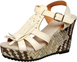 Women's White Lace-Up Wedge Sandals with Peep Toe and Woven Heel – Stylish Summer Platform Sandals for Vacations, Shopping, and Casual Outfits