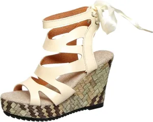 Women's White Lace-Up Wedge Sandals with Peep Toe and Woven Heel – Stylish Summer Platform Sandals for Vacations, Shopping, and Casual Outfits