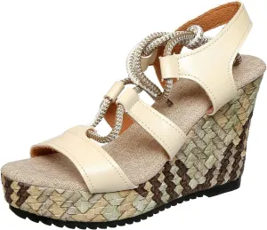 Women's White Lace-Up Wedge Sandals with Peep Toe and Woven Heel – Stylish Summer Platform Sandals for Vacations, Shopping, and Casual Outfits