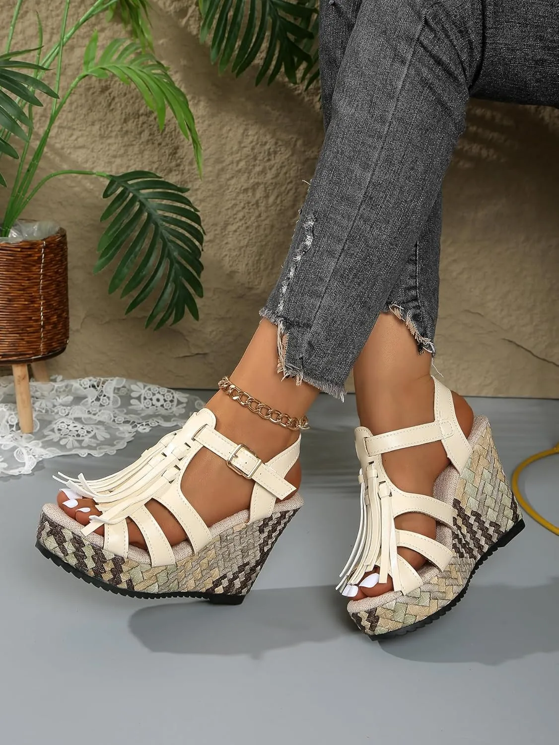 Women's White Lace-Up Wedge Sandals with Peep Toe and Woven Heel – Stylish Summer Platform Sandals for Vacations, Shopping, and Casual Outfits