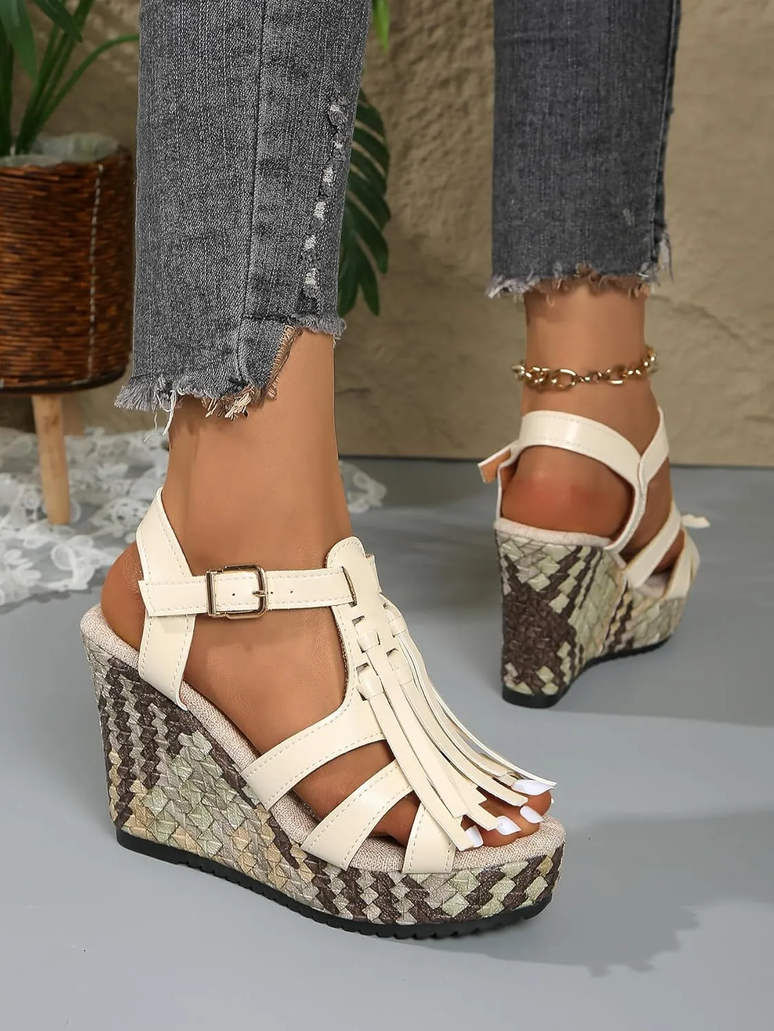 Women's White Lace-Up Wedge Sandals with Peep Toe and Woven Heel – Stylish Summer Platform Sandals for Vacations, Shopping, and Casual Outfits