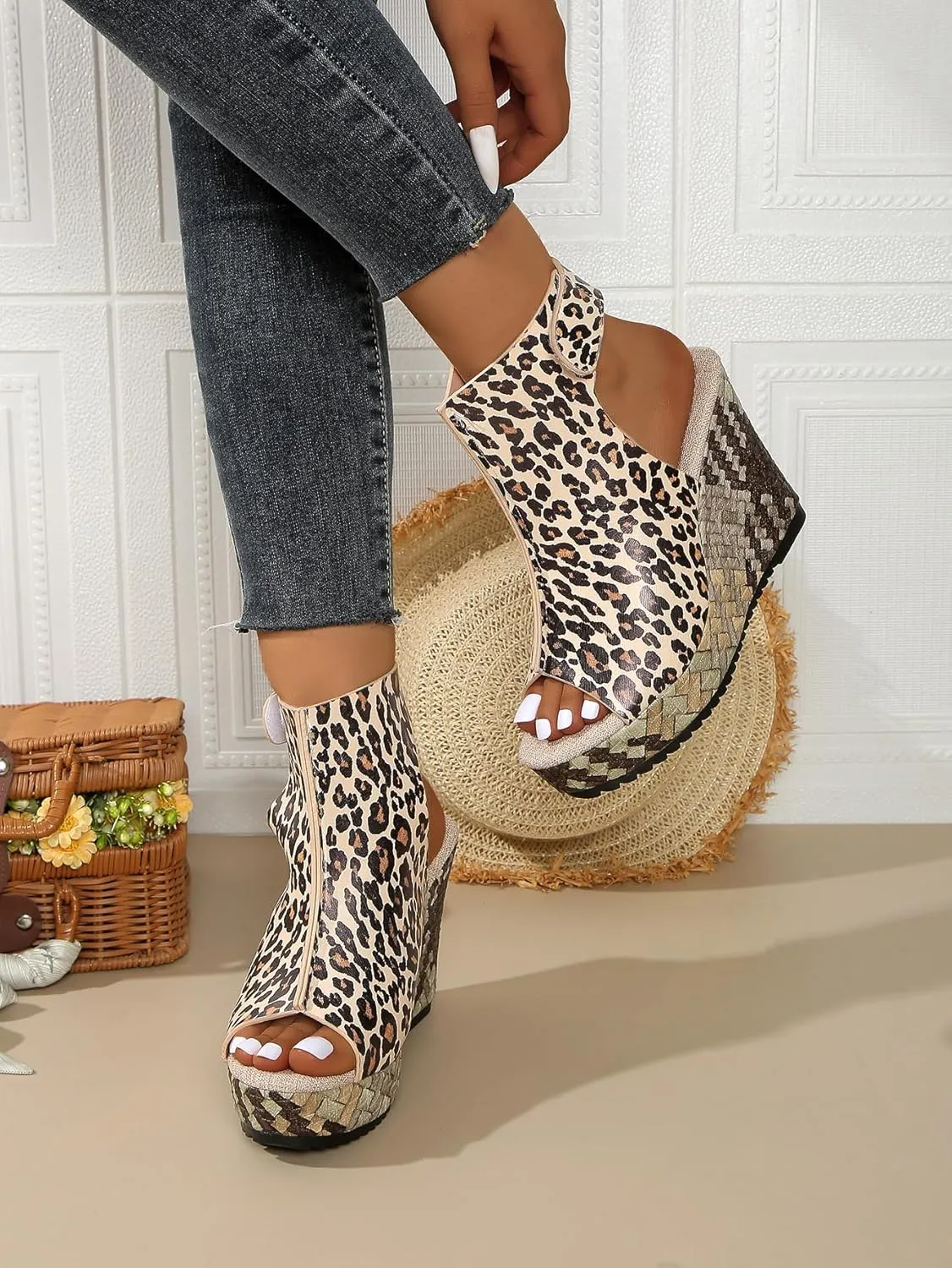 Women's White Lace-Up Wedge Sandals with Peep Toe and Woven Heel – Stylish Summer Platform Sandals for Vacations, Shopping, and Casual Outfits