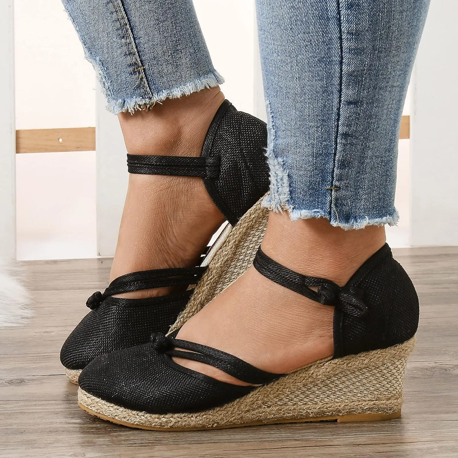 Womenyiaor Sandals for Women Dressy Summer, Women's Ankle Strap Closed Toe Espadrille Wedge Sandals Dressy Platform Wedge Sandals Casual Shoes (a-Black, 10)