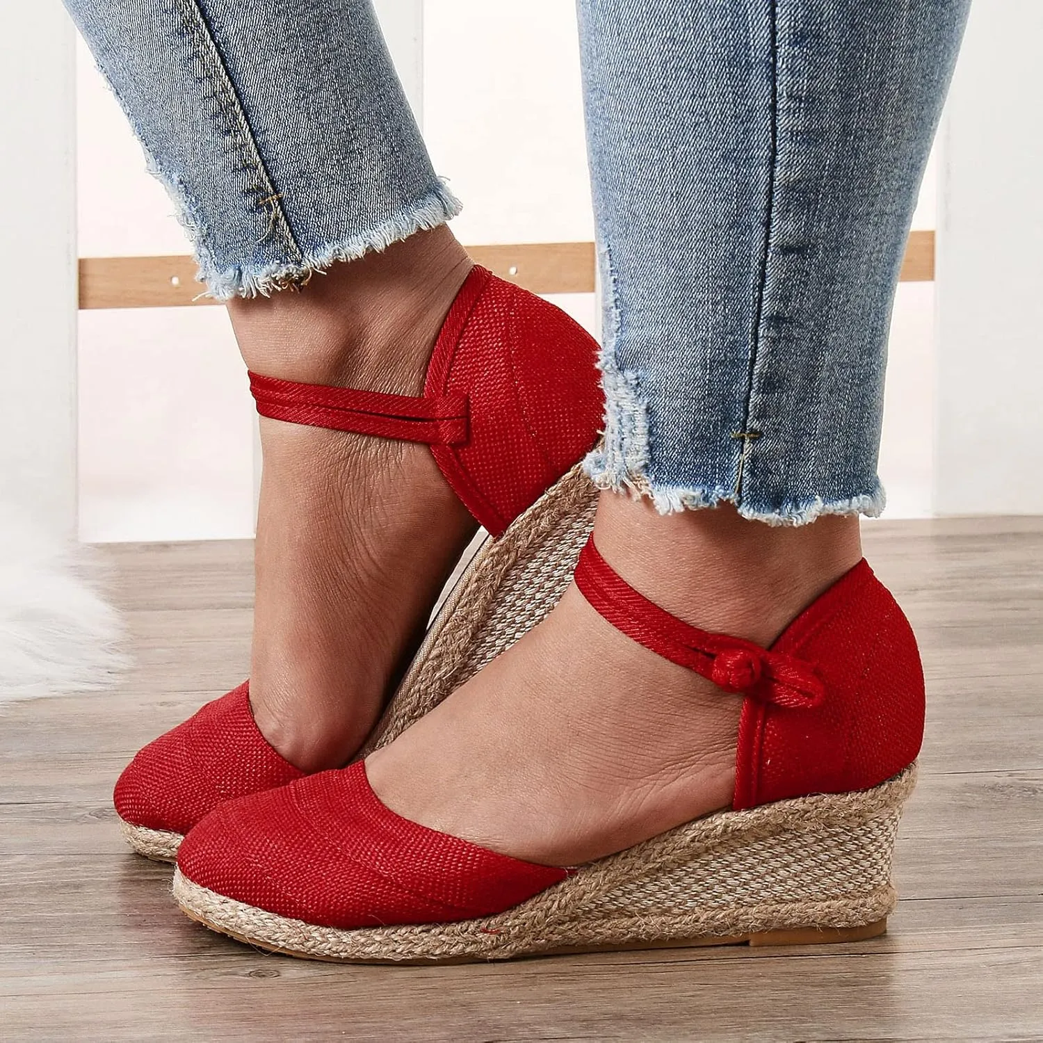 Womenyiaor Wedge Sandals for Women, Women's Closed Toe Elastic Ankle Strap Espadrilles Wedge Sandals Low Wedge Heel Sandals Dressy Summer Casual Platform Shoes