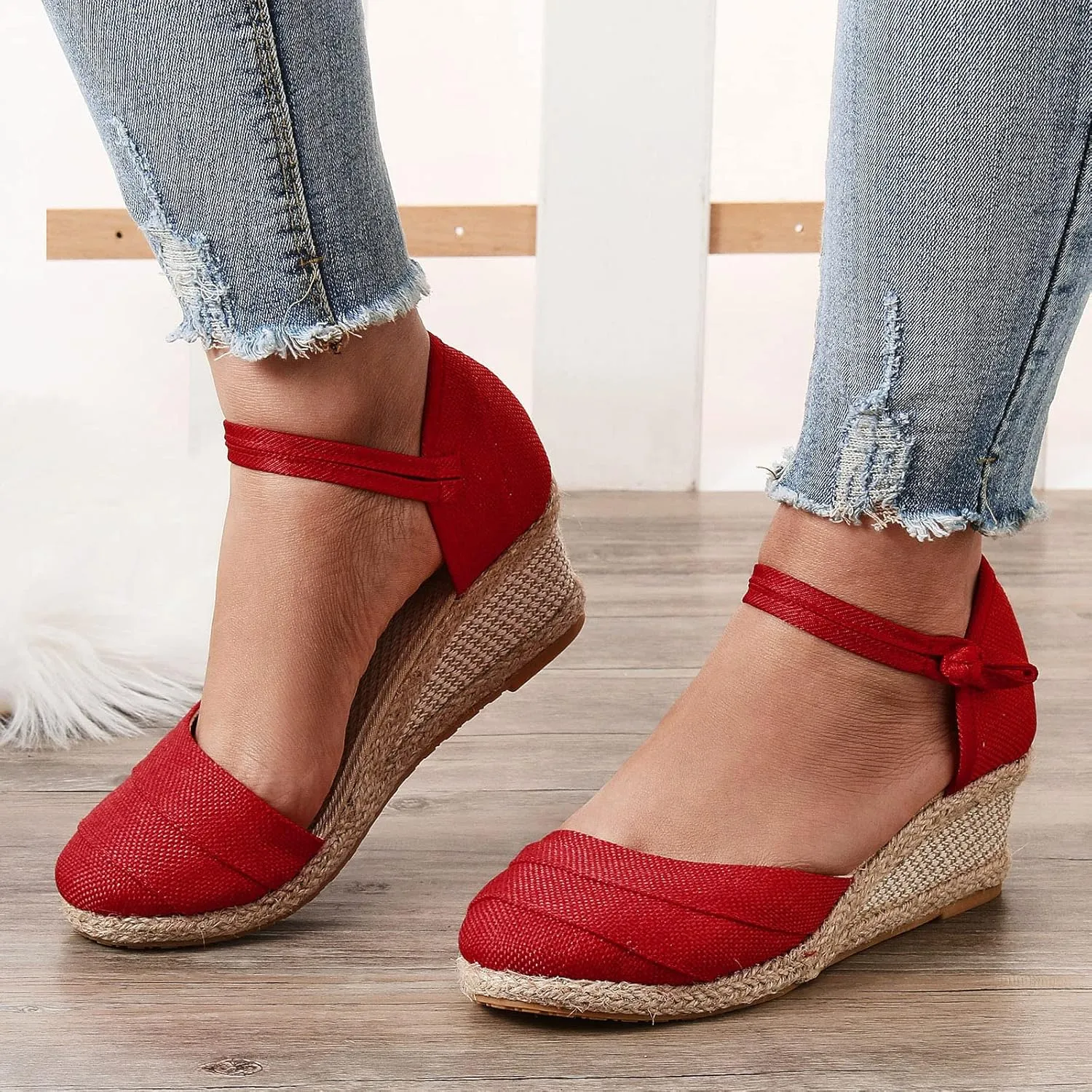 Womenyiaor Wedge Sandals for Women, Women's Closed Toe Elastic Ankle Strap Espadrilles Wedge Sandals Low Wedge Heel Sandals Dressy Summer Casual Platform Shoes