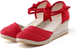 Womenyiaor Wedge Sandals for Women, Women's Closed Toe Elastic Ankle Strap Espadrilles Wedge Sandals Low Wedge Heel Sandals Dressy Summer Casual Platform Shoes