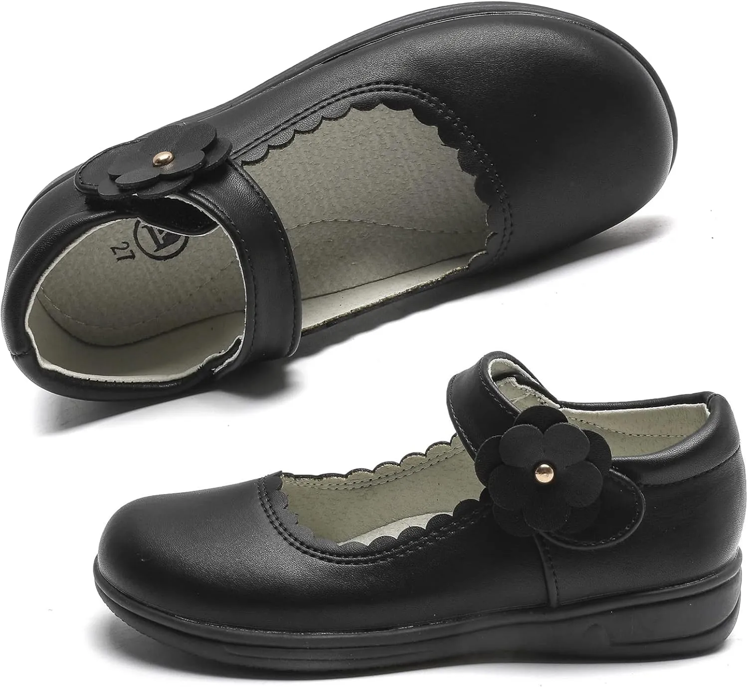 WUIWUIYU Girls Black School Uniform Dress Shoes Ankle Strap Synthetic Leather Mary Janes Flats