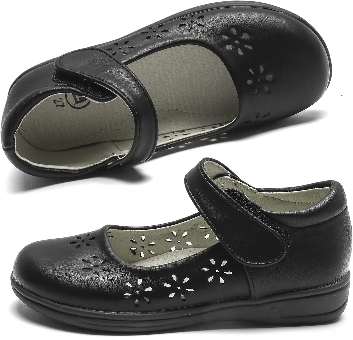 WUIWUIYU Girls Black School Uniform Dress Shoes Ankle Strap Synthetic Leather Mary Janes Flats
