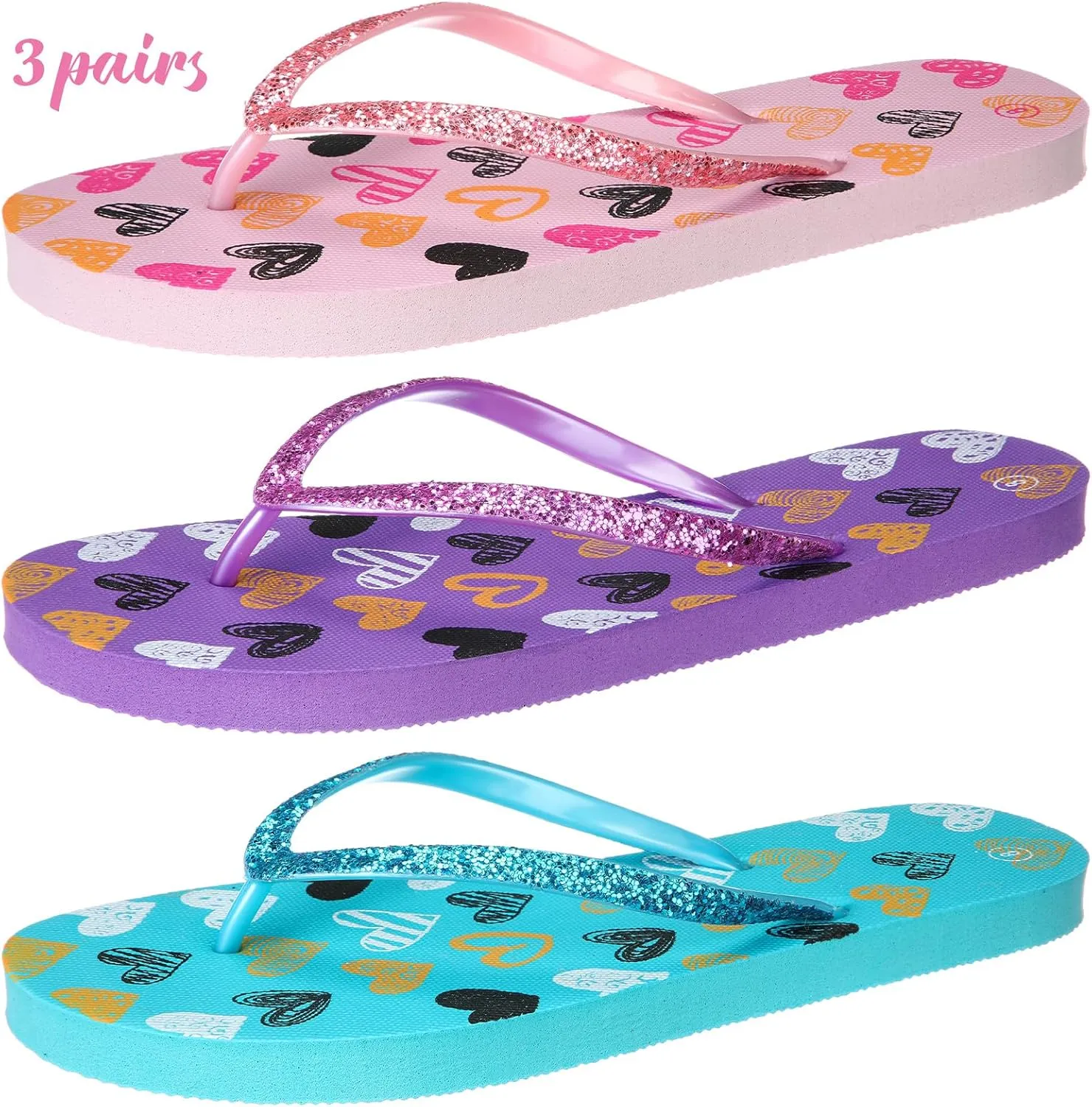 Xuhal 3 Pcs Summer Slim Flip Flop for Women Girls Shower Shoes Heart Pink Blue Purple Colored Flip Flop Sandals