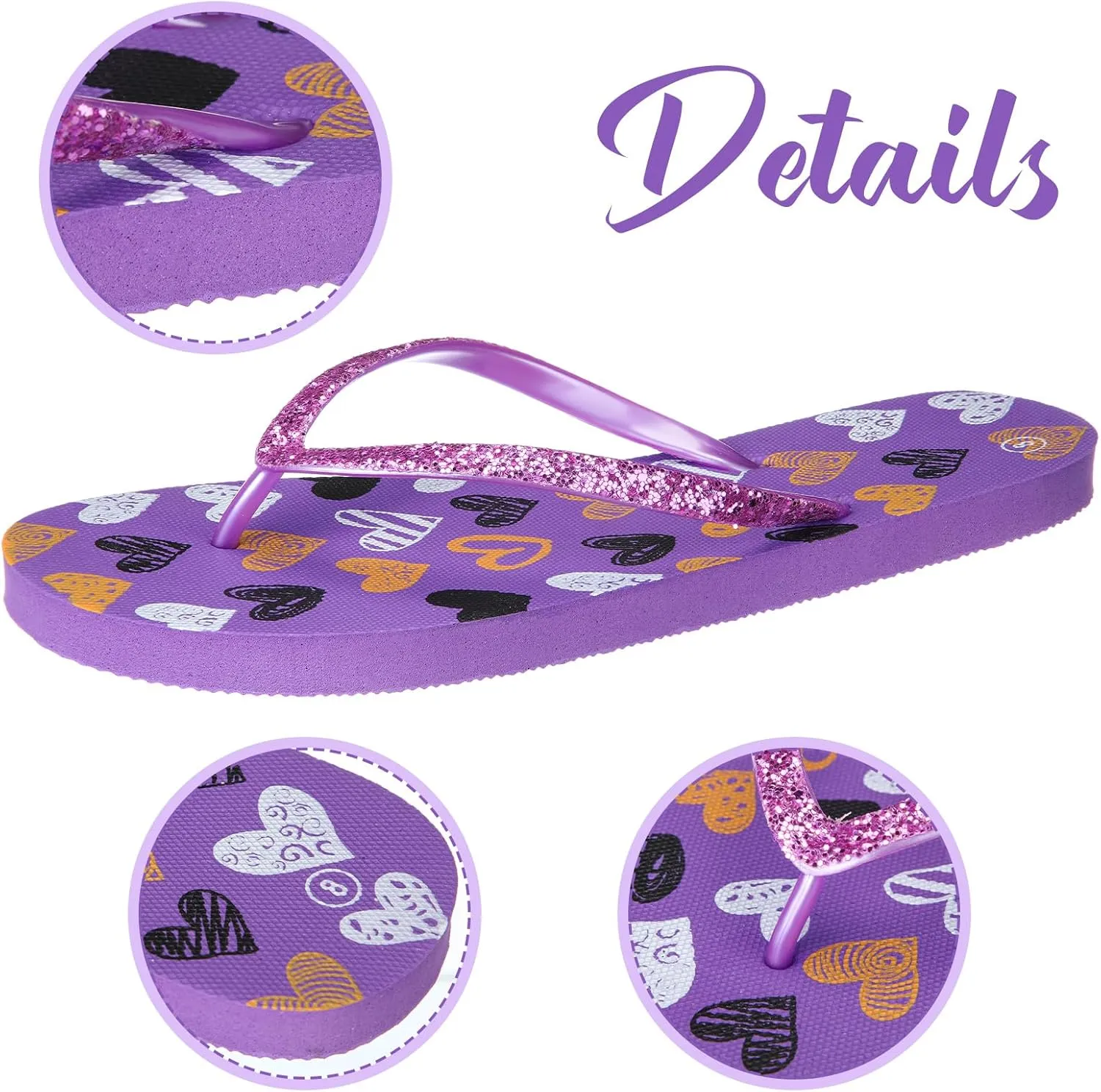 Xuhal 3 Pcs Summer Slim Flip Flop for Women Girls Shower Shoes Heart Pink Blue Purple Colored Flip Flop Sandals