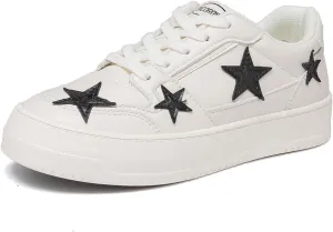 Y2K Cute Sneakers Star Design Lace Up Skate Shoes PU Leather for Daily Wear Travel School Street Style   Lightweight Breathable Low Top for Teen Girls Women