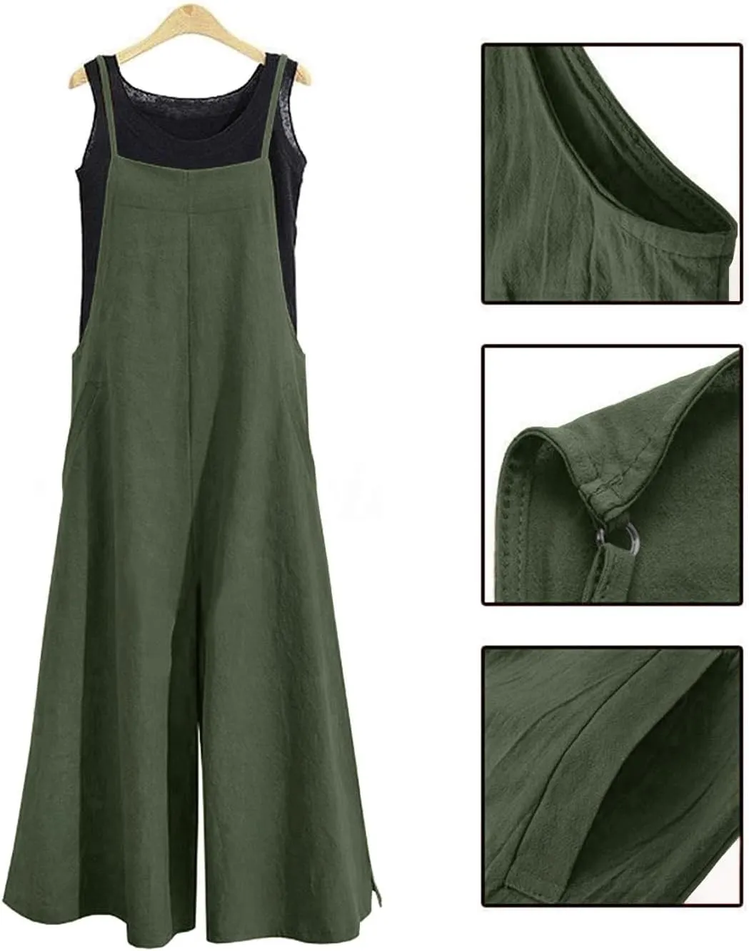 YESNO Women Casual Loose Long Bib Pants Wide Leg Jumpsuits Baggy Cotton Rompers Overalls with Pockets PZZTYP2