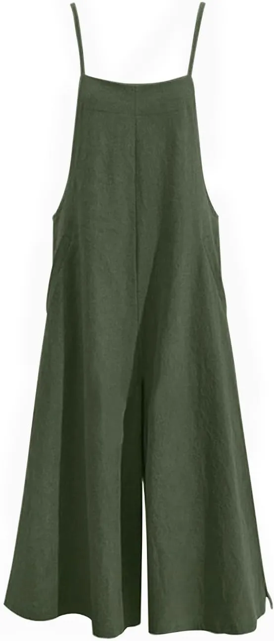 YESNO Women Casual Loose Long Bib Pants Wide Leg Jumpsuits Baggy Cotton Rompers Overalls with Pockets PZZTYP2