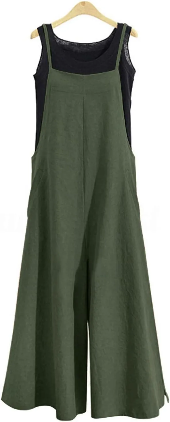 YESNO Women Casual Loose Long Bib Pants Wide Leg Jumpsuits Baggy Cotton Rompers Overalls with Pockets PZZTYP2