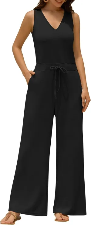 ZAFUL Womens Jumpsuits Summer 2025 Casual One Piece Outfits V Neck Sleeveless Wide Leg Long Pants Rompers with Pockets